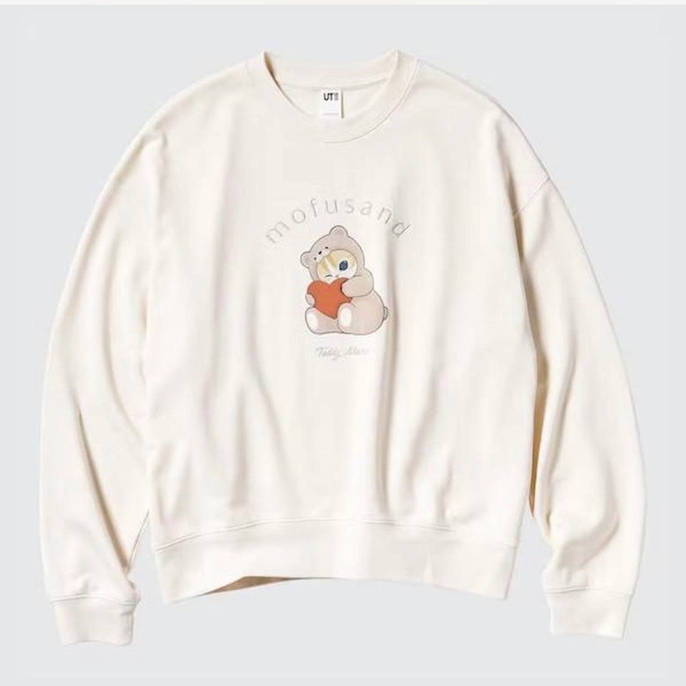Uniqlo mofusand Teddy Meow Cat Crew Neck Sweatshirt Cream‎ Size Small Anime Cute
